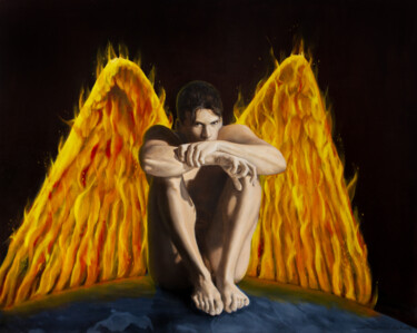 Painting titled "Lucifer" by Jean-Pierre André Leclercq, Original Artwork, Oil Mounted on Wood Stretcher frame