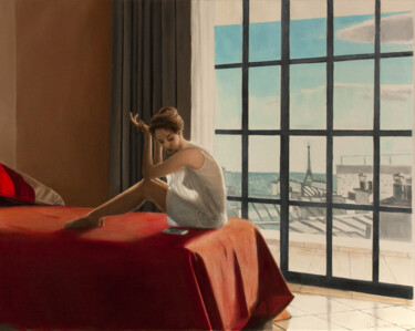 Painting titled "Phone Call" by Jean-Pierre André Leclercq, Original Artwork, Oil Mounted on Wood Stretcher frame