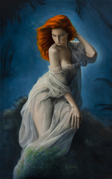 Painting titled "Rêve de Sirène" by Jean-Pierre André Leclercq, Original Artwork, Oil Mounted on Wood Stretcher frame