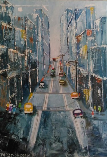Painting titled "RUE SAN FRANCISCO" by Jparzy, Original Artwork, Oil Mounted on Wood Stretcher frame