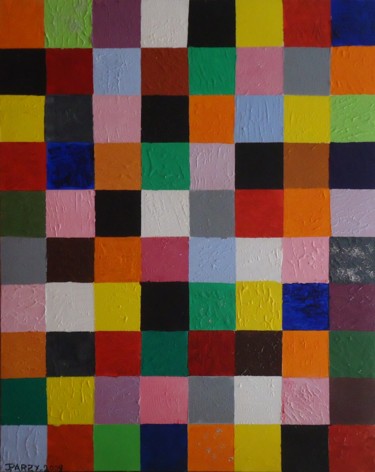 Painting titled ""CARRES MULTICOLORE…" by Jparzy, Original Artwork, Oil