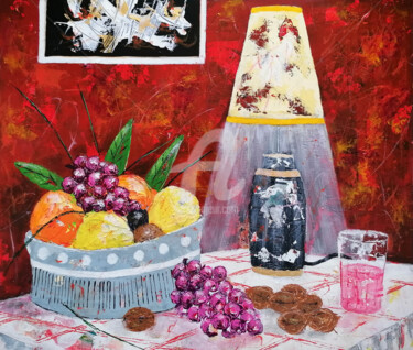 Malarstwo zatytułowany „Noix sur la table.” autorstwa Jean-Pierre Borderie, Oryginalna praca, Akryl Zamontowany na Drewniana…