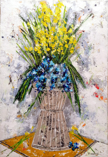 Tableau FLEURS bouquet vase bleu peinture acrylique et feuilles