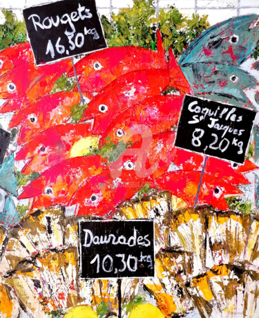 Painting titled "L'étal de poissons 2" by Jean-Pierre Borderie, Original Artwork, Acrylic Mounted on Wood Stretcher frame