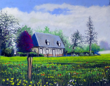 Drawing titled "Campagne Normande a…" by Jean-Pierre Cousin, Original Artwork, Pastel