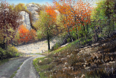 Drawing titled "Chemin d'automne" by Jean-Pierre Cousin, Original Artwork, Pastel