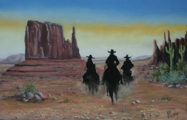 Drawing titled "Les trois cow-boys" by Jean-Pierre Cousin, Original Artwork, Pastel