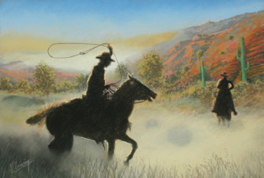 Drawing titled "Cow-boys" by Jean-Pierre Cousin, Original Artwork, Pastel
