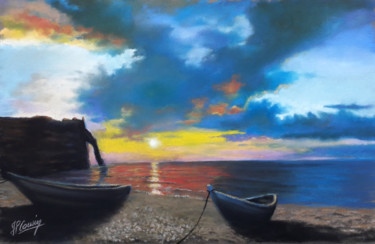 Barques au couchant à Etretat Dessin intitulée "Barques au couchant…" par Jean-Pierre Cousin, Œuvre d'art originale, Pastel