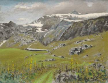 Rysunek zatytułowany „Le sentier en alpage” autorstwa Jean-Pierre Cousin, Oryginalna praca, Pastel