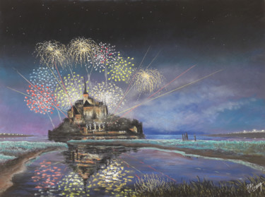 Dessin intitulée "Pyrotechnie au Mont…" par Jean-Pierre Cousin, Œuvre d'art originale, Pastel