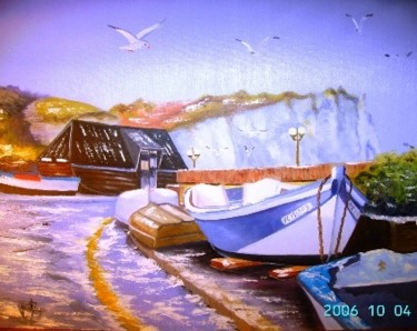 Pintura intitulada "la barque bleue" por Jean Pierre Goasdoue, Obras de arte originais, Óleo