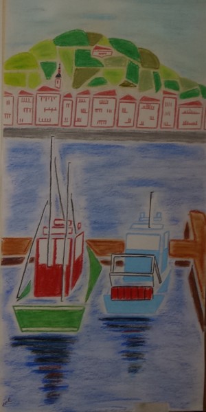 Рисунок под названием "deux-bateaux-au-port" - Jean Philippe Dufau, Подлинное произведение искусства, Пастель