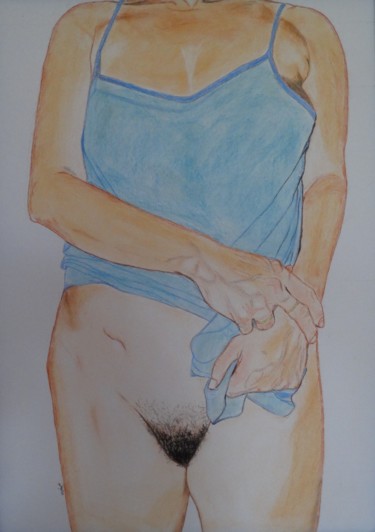 Drawing titled "femme-au-haut-bleu" by Jean Philippe Dufau, Original Artwork, Pastel