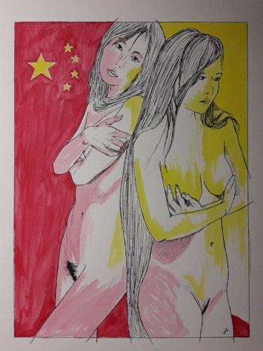 Malerei mit dem Titel "Duo asiatique" von Jean Philippe Dufau, Original-Kunstwerk, Acryl
