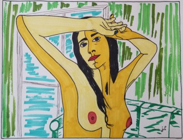 Drawing titled "Les mains au front" by Jean Philippe Dufau, Original Artwork, Marker