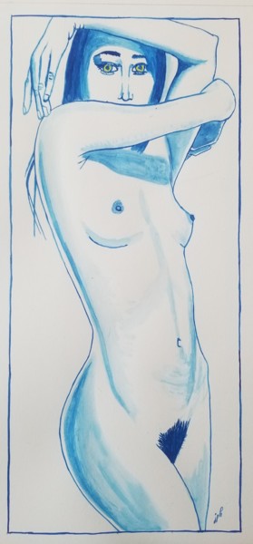 Painting titled "Bleu aux bras levés" by Jean Philippe Dufau, Original Artwork, Watercolor