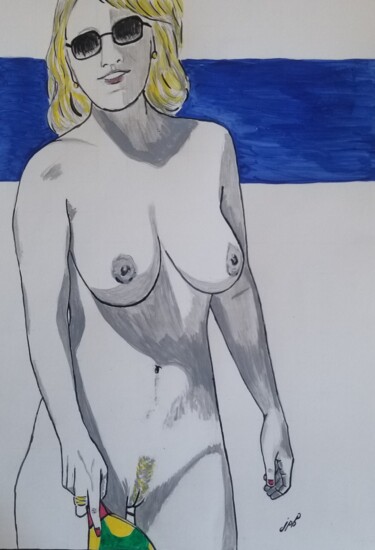 Painting titled "Plage naturiste 3" by Jean Philippe Dufau, Original Artwork, Acrylic