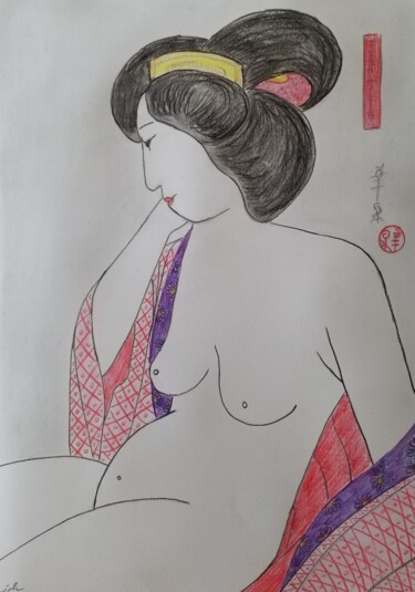 Tekening getiteld "Portrait de femme 18" door Jean Philippe Dufau, Origineel Kunstwerk, Potlood