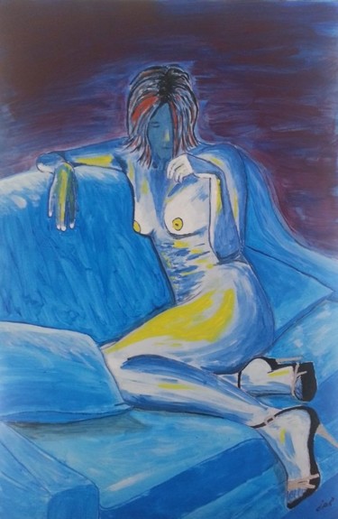 Peinture intitulée "femme-bleue-sur-can…" par Jean Philippe Dufau, Œuvre d'art originale, Acrylique