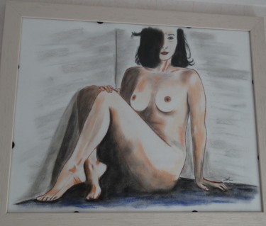 Tekening getiteld "femme-contre-un-mur" door Jean Philippe Dufau, Origineel Kunstwerk, Pastel