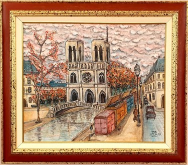 Schilderij getiteld "Notre Dame" door Jean-Pierre Loubinoux, Origineel Kunstwerk, Acryl Gemonteerd op Frame voor houten bran…