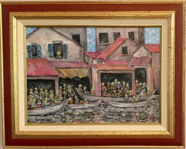 Painting titled "Marché flottant" by Jean-Pierre Loubinoux, Original Artwork, Acrylic Mounted on Wood Stretcher frame