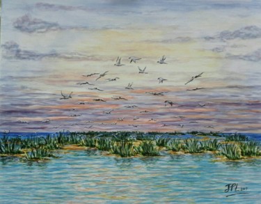 제목이 "Oiseaux de bonheur"인 미술작품 Jean-Pierre Loubinoux로, 원작, 아크릴 나무 들것 프레임에 장착됨