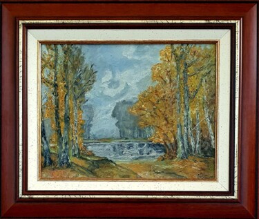 Painting titled "Lac d'automne" by Jean-Pierre Loubinoux, Original Artwork, Oil Mounted on Wood Stretcher frame