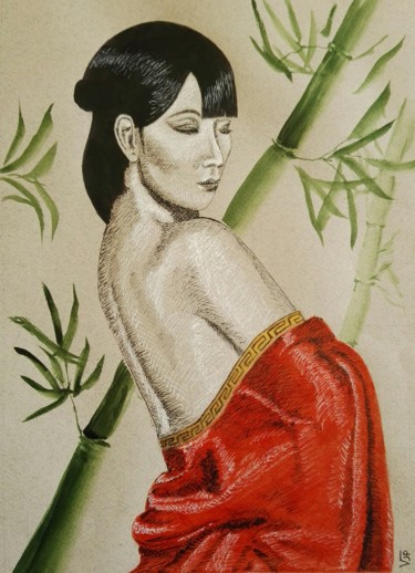 Tekening getiteld "Belle japonaise" door Jean-Pierre Vialle, Origineel Kunstwerk