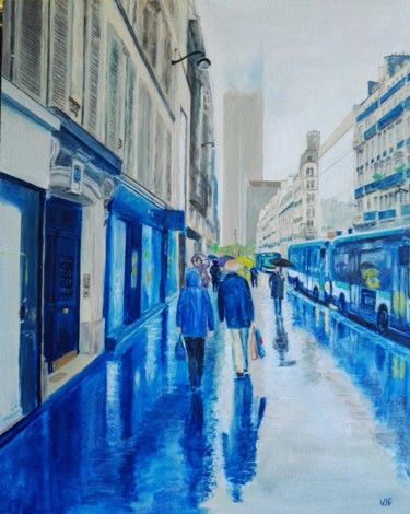 Painting titled "Il pleut rue de Ren…" by Jean-Pierre Vialle, Original Artwork, Oil