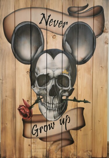 Painting titled "Never grow up" by Jrbrush, Original Artwork, Airbrush Mounted on Wood Stretcher frame