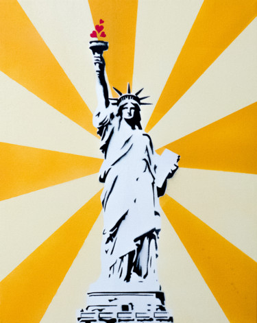 Painting titled "La statue de la Lib…" by Jrk, Original Artwork, Spray paint Mounted on Wood Stretcher frame