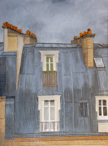Painting titled "109-Paris pluvieux.…" by Renand, Original Artwork, Oil Mounted on Wood Stretcher frame