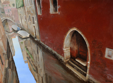 Painting titled "VENISE MUR ROUGE" by Renand, Original Artwork, Oil Mounted on Wood Stretcher frame