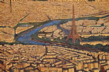 Painting titled "Tour Eiffel vue aér…" by Renand, Original Artwork, Oil Mounted on Wood Stretcher frame