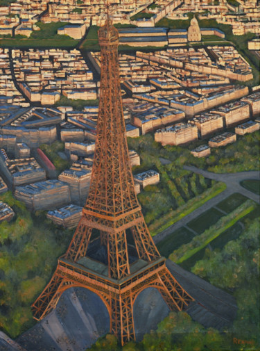 Painting titled "Tour Eiffel vue aér…" by Renand, Original Artwork, Oil Mounted on Wood Stretcher frame