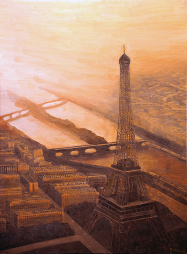 Pittura intitolato "Tour Eiffel vue aér…" da Renand, Opera d'arte originale, Olio Montato su Telaio per barella in legno