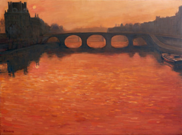 Peinture intitulée "La Seine nuit tomba…" par Renand, Œuvre d'art originale, Huile