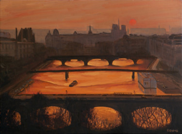 Malerei mit dem Titel "La Seine nuit tomba…" von Renand, Original-Kunstwerk, Öl