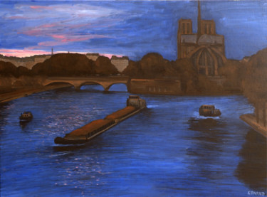 Painting titled "Notre Dame nuit tom…" by Renand, Original Artwork, Oil