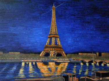 Painting titled "Tour Eiffel illumin…" by Renand, Original Artwork, Oil Mounted on Wood Stretcher frame