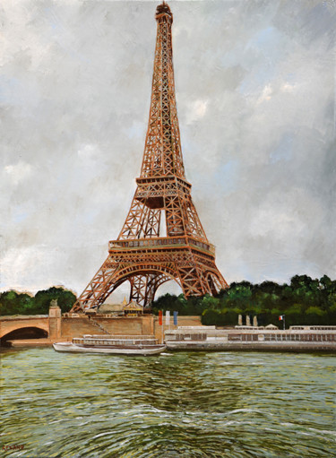 Painting titled "Tour Eiffel par tem…" by Renand, Original Artwork, Oil Mounted on Wood Stretcher frame
