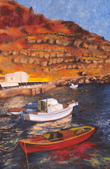 Painting titled "Le port de Oia, Oia…" by Renand, Original Artwork, Oil Mounted on Wood Stretcher frame