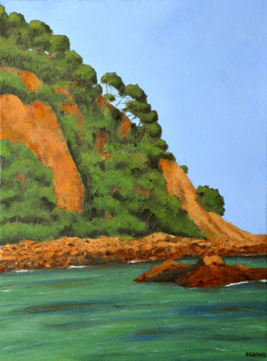 Schilderij getiteld "Falaises à Blanès,…" door Renand, Origineel Kunstwerk, Olie