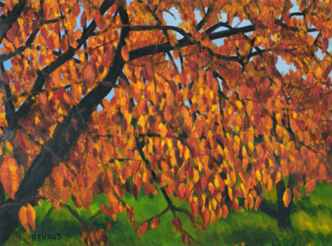 Painting titled "Feuilles d'automne…" by Renand, Original Artwork, Oil Mounted on Wood Stretcher frame