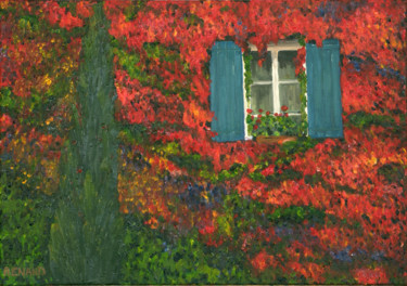 Painting titled "La maison au lierre…" by Renand, Original Artwork, Oil