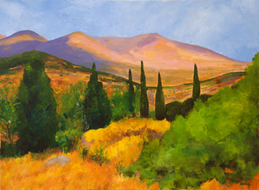 Painting titled "Paysage de Crète 2,…" by Renand, Original Artwork, Oil Mounted on Wood Stretcher frame