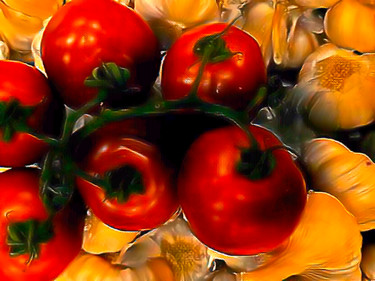 Fotografia zatytułowany „tomates et ail” autorstwa Jose Americo Jsilvares, Oryginalna praca, Fotografia cyfrowa