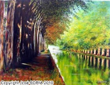 Peinture intitulée "Canal aux platanes" par Jose Soria, Œuvre d'art originale, Huile